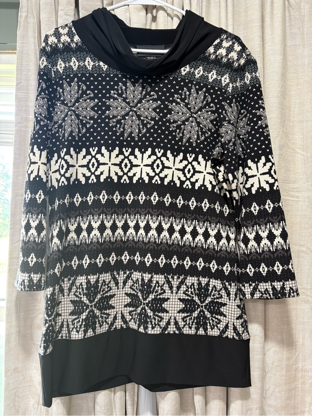 Frank Lyman Design Black and White Fair Isle Cowl Tunic